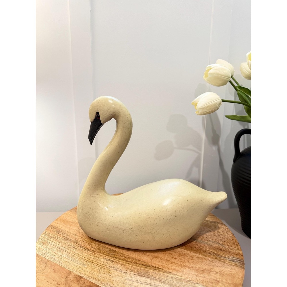 Vintage Large Cream Swan Decoy Resin Faux Carved Wood Cottage Decor